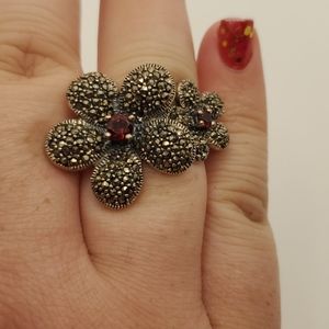 Silver large double flower ring